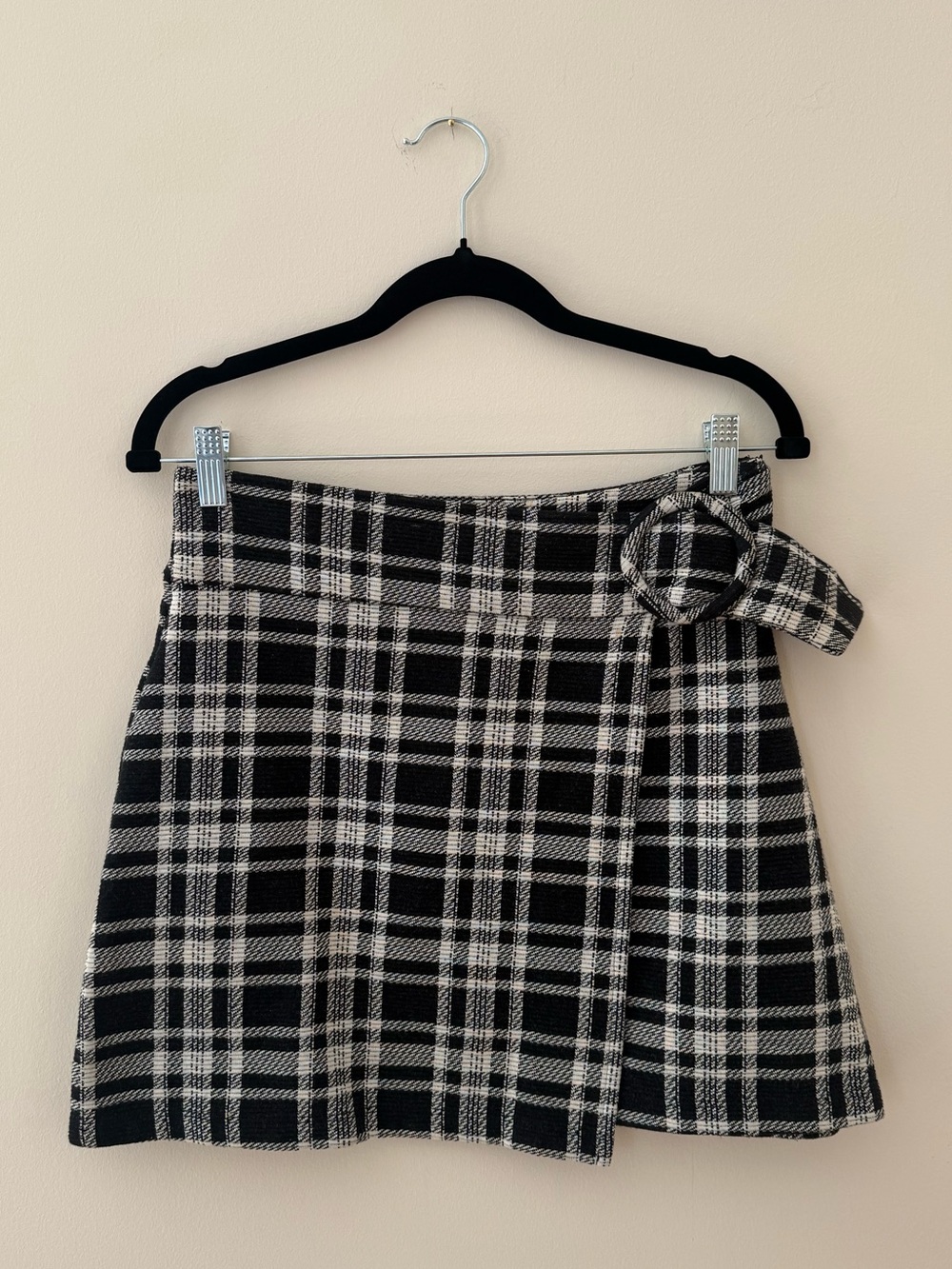Zara Black and White Plaid Mini Skirt with Side Buckle